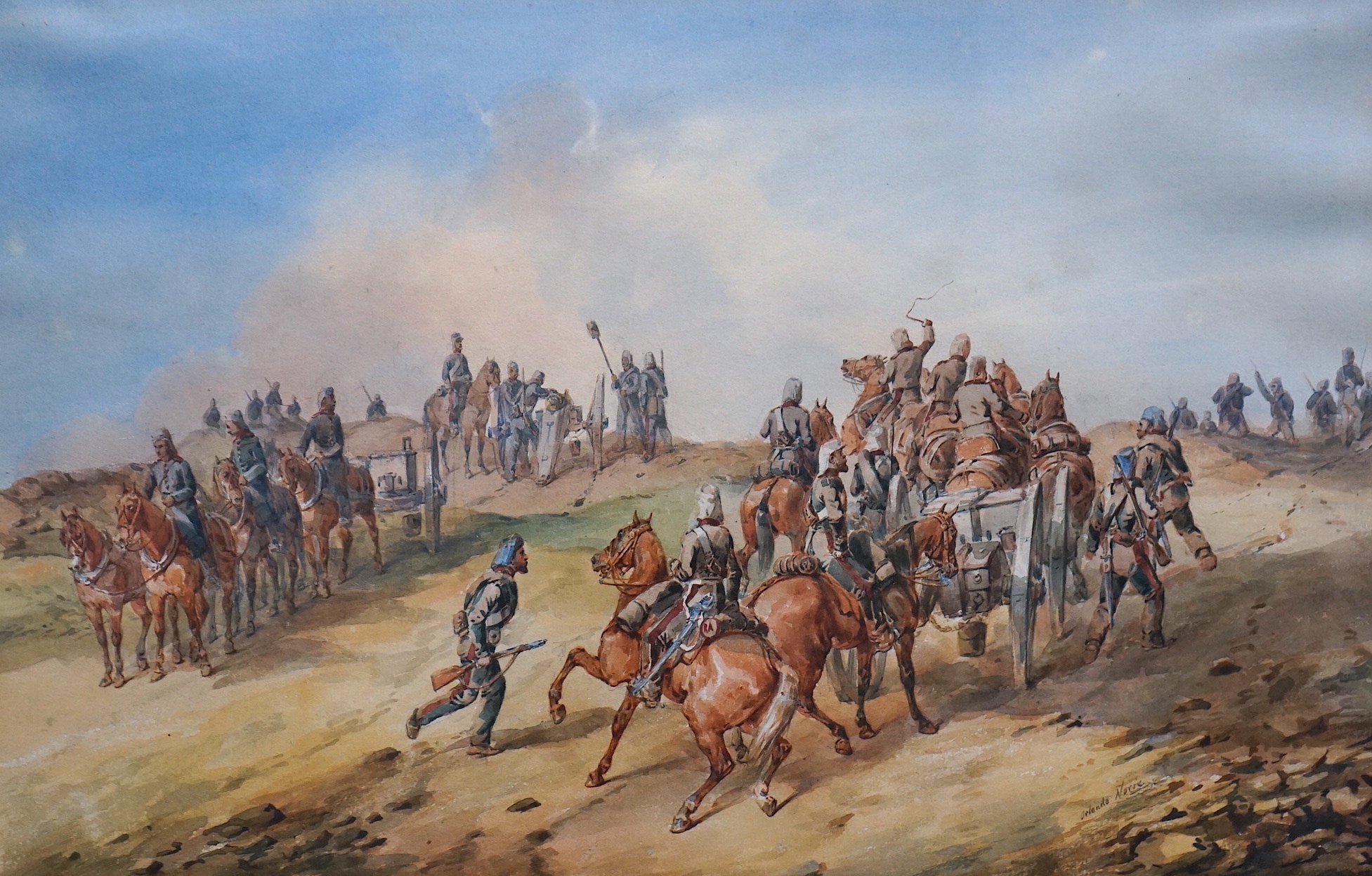 Orlando Norie (Belgian, 1832-1901), watercolour, ‘Royal Artillery in action, Indian Mutiny’, signed, 30 x 46.5cm. Condition - fair/good